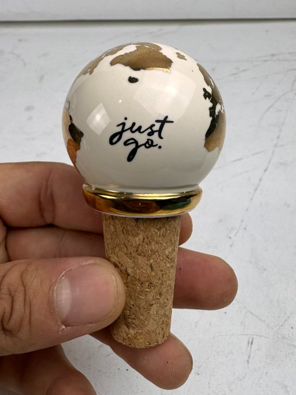 Vintage Ceramic Globe Wine Bottle Stopper "Just Go." Gold Foil World Map Cork